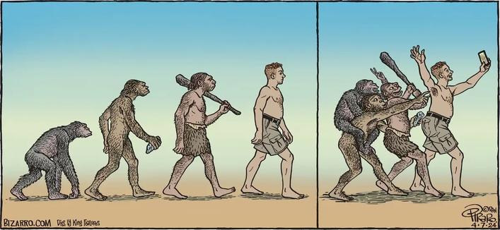 2 panel comic from Bizzaro comics. The first is a version of The Road to Homo Sapiens - ape to modern man (in cargo shorts) in a series. The second panel is the same figures grouped together posing for a selfie.