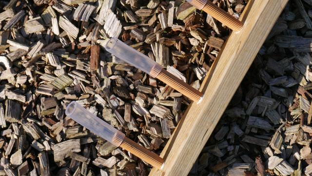 Closeup of transparent pieces of hose attached to the pins of the rake.