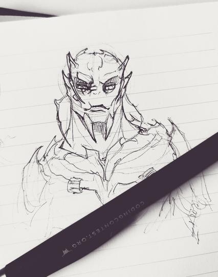 Sketch of an alien man with insectoid feelers and a very crumpy expression. There is a pen  next to it.