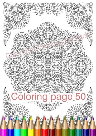 Mandala Coloring page 50 for adults, printable Zendala, zendoodleart flowers and leaves.