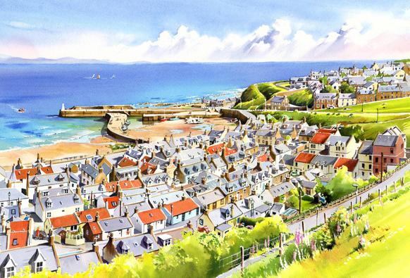A scene looking down, from a hill, at a seaside port including the harbour at centre left, some houses on the headland at right, and a mass of fisher cottages close to the harbour in the bottom half of the picture. At bottom right we see the hill leading down to the village, with Foxgloves growing there.