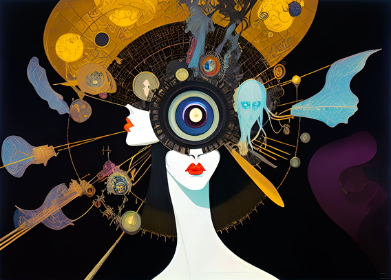 a mid-(last)-century abstract featuring, in gold and pale blue and purple on a black background, flat concentric circular elements and a few portions of pale humanoid faces including most of a bust, lower central, that could be seen as supporting the whole