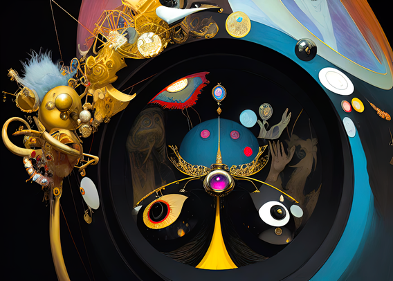 a mid-(previous)-century abstract pop-art rendering of a jumble of gold ornamental debris on the upper left rim of a circular design almost resembling a clock face made of arbitrarily selected elements that also bring to min a humanoid face, with some other colored shapes behind on a black background