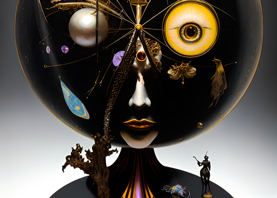 an abstract mid-(last)-century pop-art design, photographic of something somewhat sculptural, bringing to mind a surreal stylized bust of a spherical humanoid head with elements arranged to make a face, all on a narrow neck and shoulders