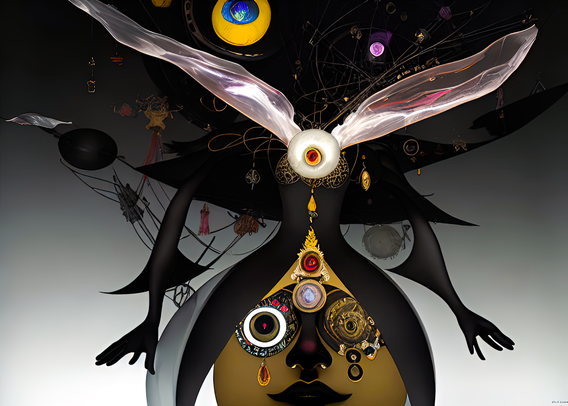 a mid-(previous)-century pop-art rendering of a number of elements assembled into a form with a few too many eyes and a misplaced face, unless the bulk of the think is assumed to be a surrealist headdress