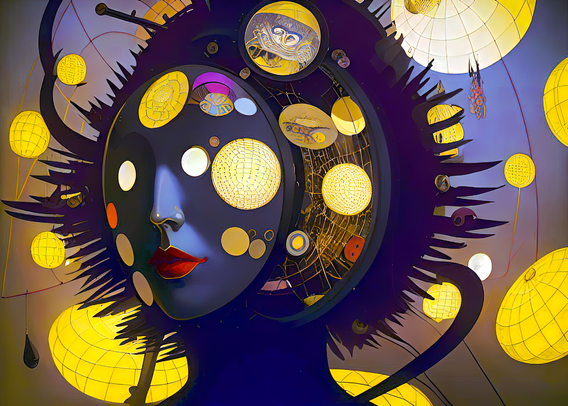 an abstracted mid-(last)-century pop-art rendering of an oblique view of a mannequin-like humanoid bust disassociating into clockwork-like elements and a cloud of distorted yellow globes