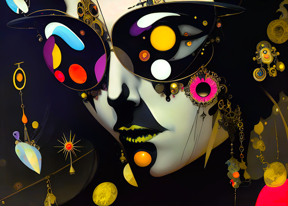 a mid-(previous)-century surrealist pop-art rendering of a sunglasses-wearing humanoid face appearing obliquely among a cloud of ornaments on a black background