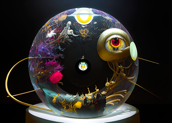 a mid-(previous)-century pop-art rendering of a flat-bottomed glass sphere containing a chaotic array of surreal elements resting on a pedestal surface with a bit of brass wire