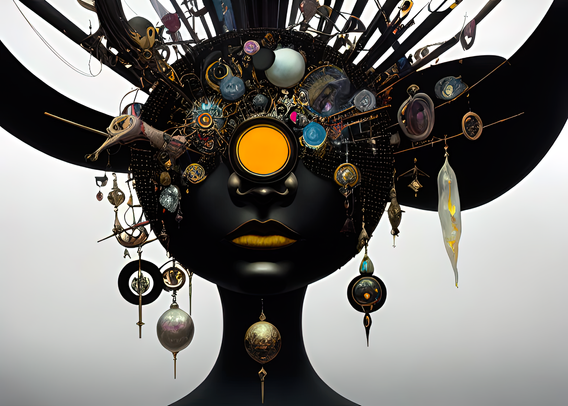 a mid-(previous)-century pop-art surrealist rendering of an abstracted humanoid mannequin bust largely obscured by ornamentation