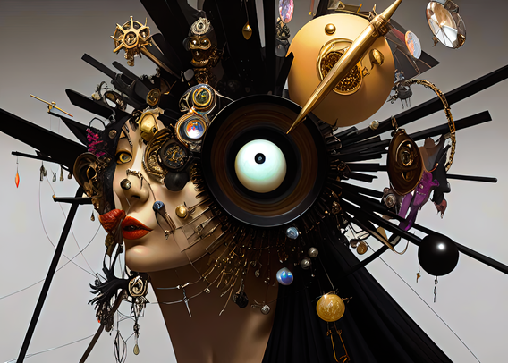 a mid-(last)-century abstracted pop-art rendering of a humanoid head exploded into a number of abstract surreal elements