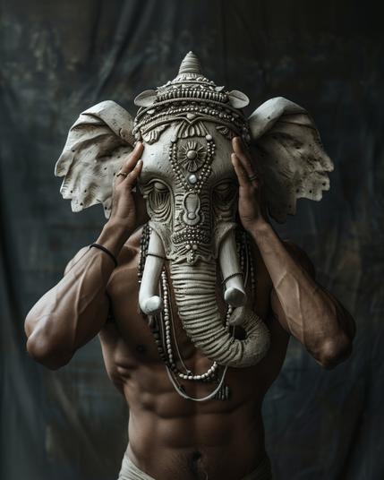 The image presents a strong human figure holding an ornate elephant mask up to the face. The mask is detailed, suggesting cultural significance, possibly linked to spiritual or religious symbolism. The colors are muted, and the atmosphere is solemn and introspective.