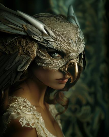 The image depicts a figure wearing an ornate bird mask, likely inspired by a hawk or an eagle, characterized by an exquisite level of detail. The mask features filigree patterns, and the subject's eye is visible, conveying a sense of hidden identity and elegance. The tones are rich and earthy, with a focus on gold and bronze, which accentuates the feeling of luxury and mystery.