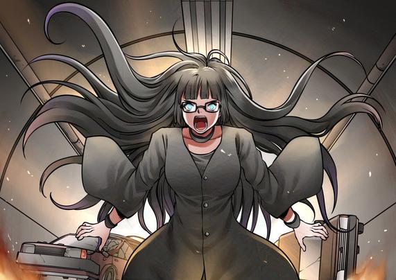 A woman in black with hair flying (Himari/Satsuki) stands in a tunnel. Wrecked cars are behind her. She is screaming. Blue eyes peer through glasses. Sleeves of a black kimono inpired dress flying behind her.