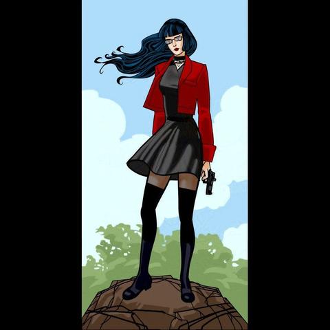 Himari as Uruma Satsuki standing on a rock looking out. She is wearing a black dress and red blazer. She is holding a SIG Sauer P220 9mm.