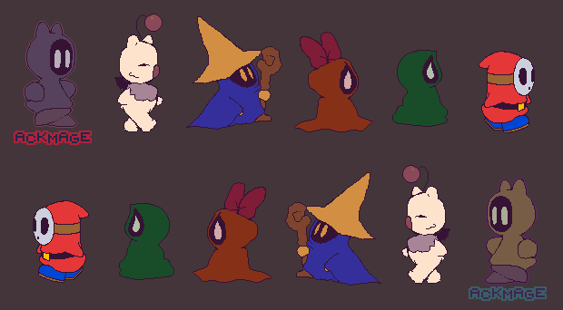 pixel art drawing depicting 6 characters (hermit/ackmage OC, moogle, black mage, 2 subrosians and a shy guy) in a row walking toward the right, and then under it the same 6 characters in another row walking toward the left