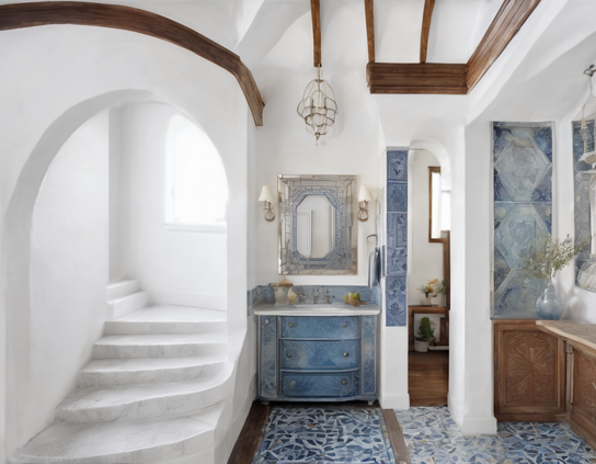 Nook with a blue-fronted chest of drawers with a mirror above, by a white staircase in a light-filled home with arched alcoves and blue accents.