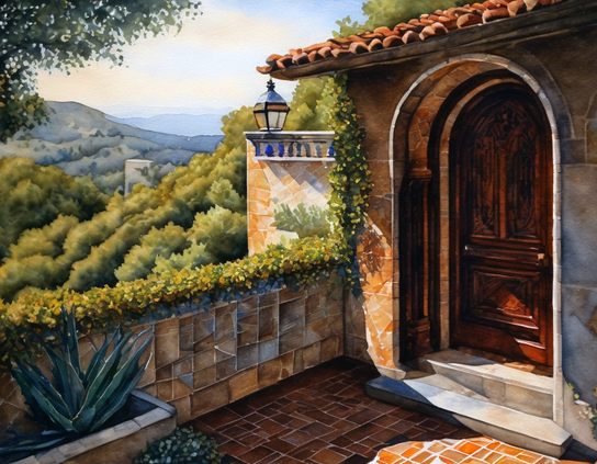 A balcony overlooks a forested landscape, with a wooden door set in an arched entryway with climbing plants, terracotta tiles, and a lantern. Watercolor style.