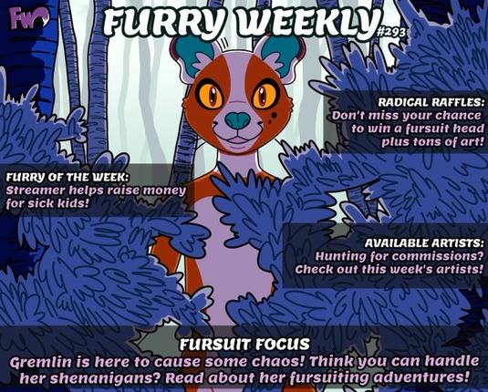 Furry Weekly Issue 293 cover featuring Gremlin the fossa peeking out of bushes. Art by bitsyfoxy on Instagram.