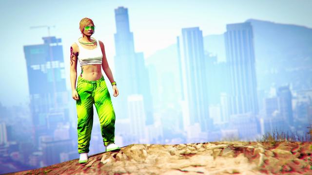 A screenshot I took in the video game GTA Online using the Rockstar Editor. It shows my female character wearing one of my favorite Sprunk themed outfits in the front. In the background of the picture the skyline of Los Santos can be seen.