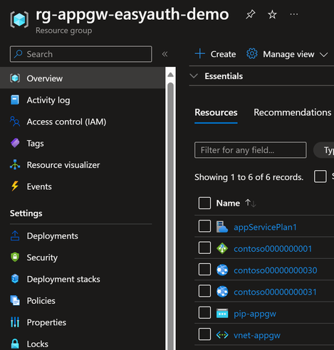 Application Gateway and App Service authentication deployed Azure resources