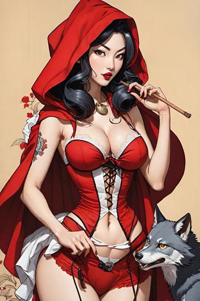 The image is a stylized, modern interpretation of the classic fairy tale characters Red Riding Hood and the Big Bad Wolf. It presents a female figure dressed in a revealing red and white outfit with a hood. Accompanying her is a wolf with a somewhat mischievous expression. The style is reminiscent of modern digital art with clean lines and vibrant colors, employing a palette dominated by reds, whites, and natural tones.