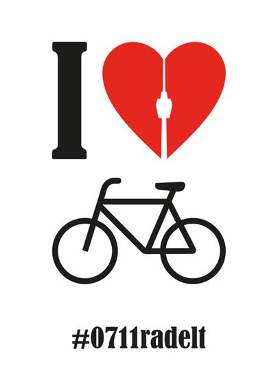 The letter "I" is followed by a red heart, whose left and right halves are separated by a white silhouette of the Stuttgart TV tower. Below that a schematized bicycle drawing, below that the hashtag #0711radelt (0711 is the dialing code of Stuttgart, "radelt" translates to "is cycling")