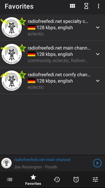 Screenshot of my RadioDroid faves screen. It contains the 3 radiofreefedi streams... and that's it.