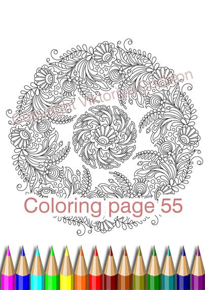 Mandala Coloring page 55 for adults, zendoodleart flowers and leaves, coloring antistress, zendala.