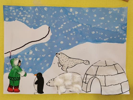 Œuvre d'un enfant représentant la banquise, des animaux et un igloo