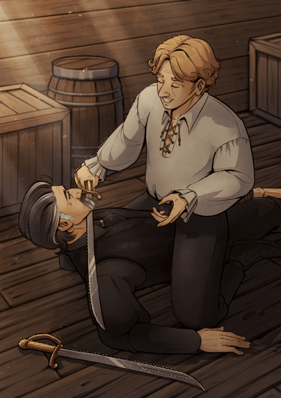 A digital illustration of Stede and Izzy from Our Flag Means Death. Izzy is laying on a ground after a fall while dueling, Stede is straddling him and holding a sword to his throat while happily talking to him. The background is inside of a ship, there's a barrel and wooden crates behind the characters. Izzy's sword is laying next to him on the ground. A light is shining on them from the top left.