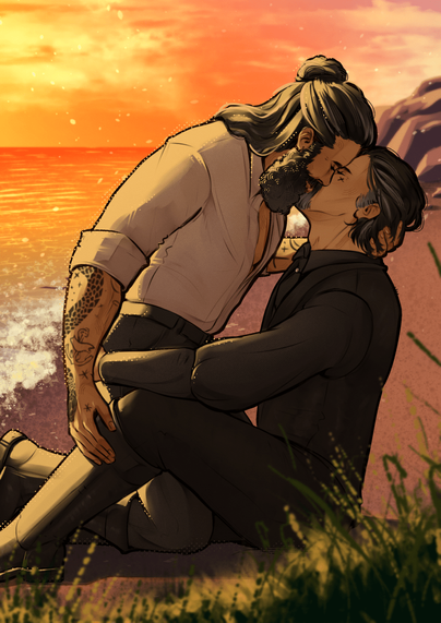 A digital illustration of Ed and Izzy from Our Flag Means Death. They're on a beach with a sunset behind them. Izzy is sitting on the ground and Ed is kissing him while almost sitting in his lap.