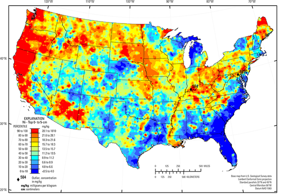 map - nickel levels at surface in CONUS USA