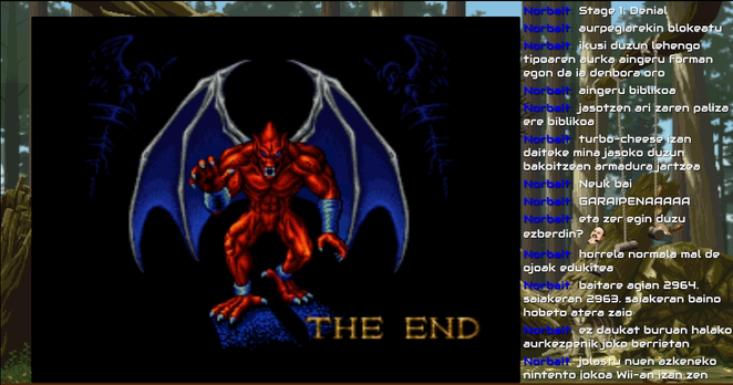 Demon's Crest jokoaren amaiera pantaila eta nire zuzenekoko txata eskubian, Norbait erabiltzaileak monopolizatuta. Pantailan Firebrand Gargola dago jokalariari begira, THE END hitzen ondoan.