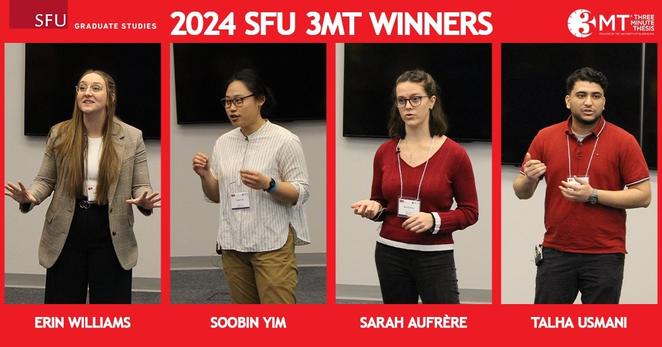 Photos of all of the 2024 SFU Three Minute Thesis winners: Erin Williams, Soobin Yim, Sarah Aufrere and Talha Usmani