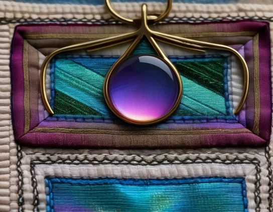 Cabochon in deep violet fading to cream, set in a gold frame against a woven background with azure and teal tones.