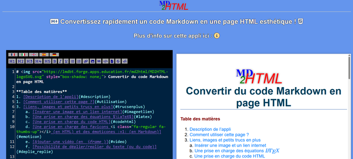 Copie d'écran de la page d’accueil de l'application md2html.