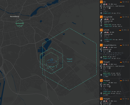 A map showing cellular devices around Nuremberg.