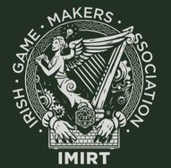 The logo for IMIRT, the Irish Game Maker's Association. It's comprised of a harp with a woman figurine holding a gamepad, with a D20 dice at the base, surrounded by gears and Celtic knot imagery.