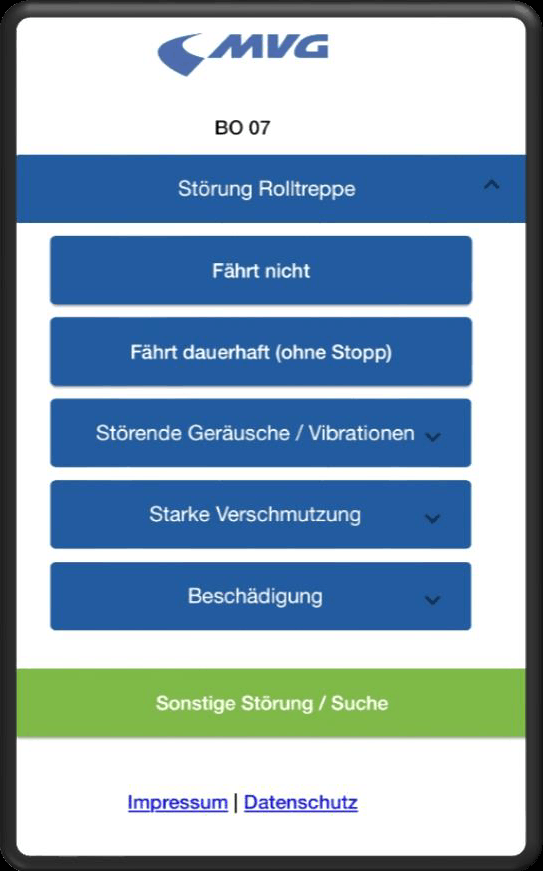 Screenshot der Smartphone-Maske zur Störungsmeldung über den QR-Code an der Rolltreppe