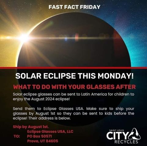 Solar eclipse glasses can be sent to Latin America for children to enjoy the August 2024 eclipse! Send them to Eclipse Glasses USA. Make sure to ship your glasses by August Ist so they can be sent to kids before the eclipse! Their address is below. Eclipse Glasses USA, LLC PO Box 50571 Provo, UT 84605