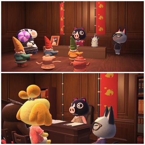 Collage of two Animal Crossing: New Horizons screenshots. Both are set in wooden paneled wall rooms with wooden floorboards.

The upper image is a campaign victory celebration showing Agnes in a tweed jacket standing between two sets of flag banners that have a red background and a Nook Leaf / Star Combo reminiscent of the Soviet Union flag. In front of Agnes are low counters with her picture on one side and an excited, wild Gyroid on the other. Standing to her right is Raymond in a suit coat. In the crowed clapping is Muffy and some assorted gnomes and gyroids. In the lower image, Agnes is sitting behind a desk with the same flags on either side of her. There are bookcases along the wall behind her too. Sitting in front of her in two chairs are Isabelle and Blathers. Raymond is there in a different suit coat next to Agnes.