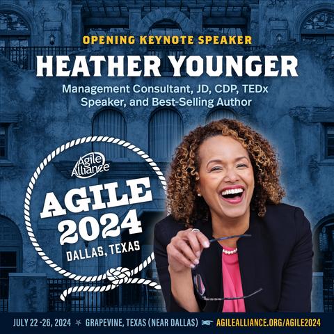 Agile2024 logo and a photo of Heather Yonger smiling over a blue-tinted photo of the conference location