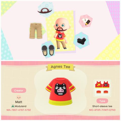 Collage of two Animal Crossing: New Horizons screenshots. The upper image shows the clothing changing screen with a light skinned, bald human with a beard, baggy khaki pants, black socks, and black slip on shoes wearing a custom designed shirt which is described in the lower image. The lower image shows a custom design called "Agness Tee" which has a red t-shirt with a black Pig's face drawn on it (Agnes) with the back showing a Nook leaf in yellow with a star just above it reminiscent of the Soviet Union's flag. The shirt has Design ID MO-4F0R-7HWT-QTN3