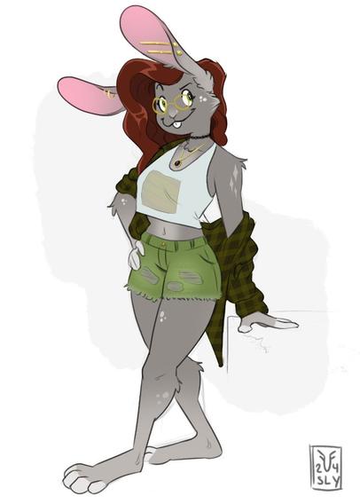 An anthro bunny girl in a white graphic crop stands with her hips tilted resting one hand on a nondescript counter and the other on her upper thigh. She raises one eye brow with a playful smile while looking at the viewer.