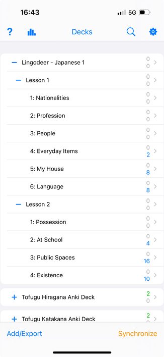 The beginnings of my Anki deck for Lingodeer's Japanese 1 course