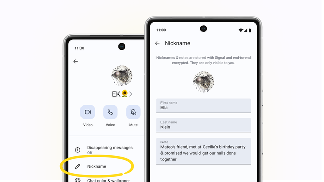 Two phones against a light-colored background. The first phone shows EK's contact details page with the Nickname section circled in yellow. The second phone shows the Nickname and Note sections filled in with EK's full name (Ella Klein) and a note about how the phone's owner met her.
