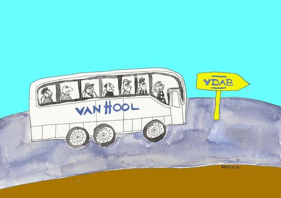 Cartoon van Katrien: een bus van Van Hool volgt een wegwijzer met daarop 'VDAB'