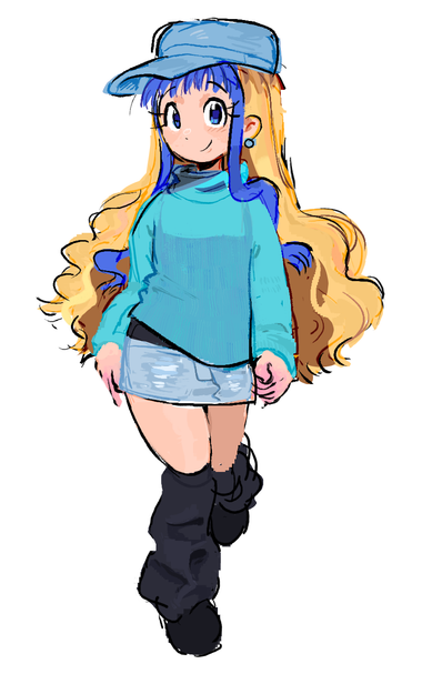 A drawing of a woman looking at the camera, with blue eyes and long blond hair that has a blue streak in it. She is wearing a blue hat, a long sleeved turquoise turtleneck, a short and shiny skirt, and tall black boots.