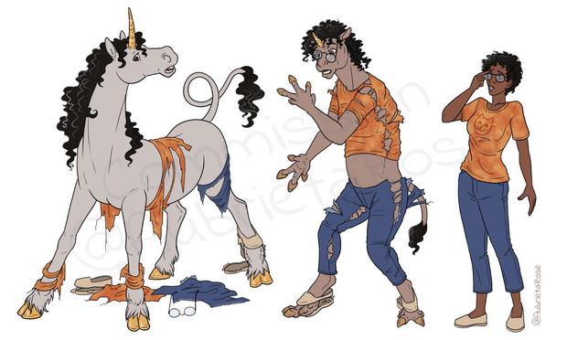 A three part transformation sequence of a young black woman on the right wearing glasses and an orange shirt with a cute cat on it and capri jeans, touching a bump on her forehead curiously. The middle is a mid-transformation with her clothes ripping and fur growing, and the left is her fully transformed into a unicorn with a golden horn and hooves, and black curly hair, looking startled.