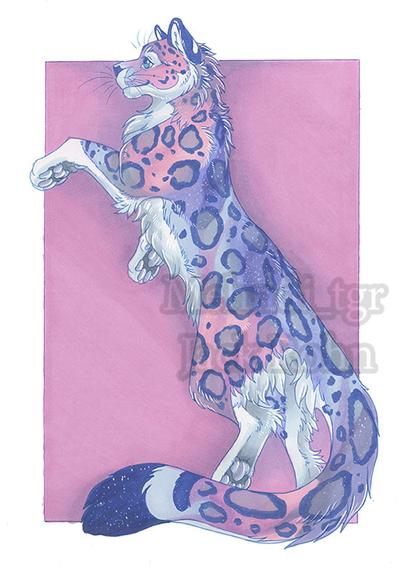 A snow leopard facing away from the viewers. They're coat is shades of pinks, purples and blues with some white star speckling in their coat.